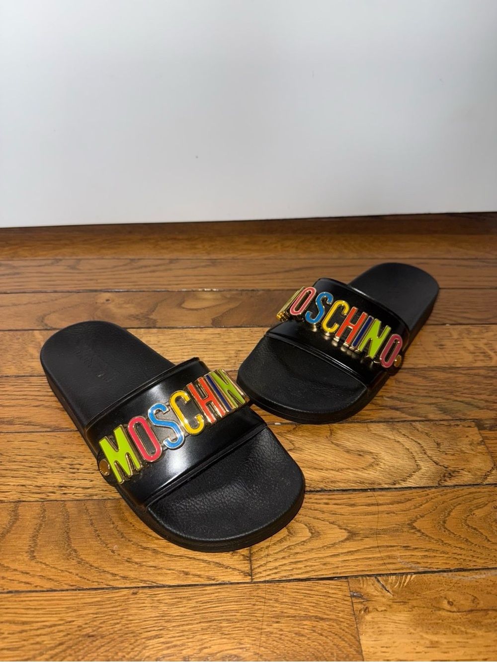 Moschino Black Slides with Rainbow Logo Letters